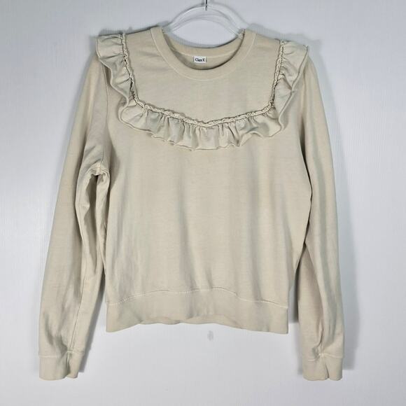 Clare V Charlotte Ruffled Sweatshirt Size Medium Light Tan Oatmeal Color - Picture 1 of 7